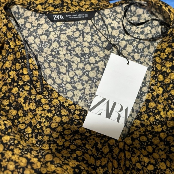 NWT ZARA Floral Yellow and Black Mini Dress - Long Sleeve V-Neck (Size XS) - Picture 4 of 7